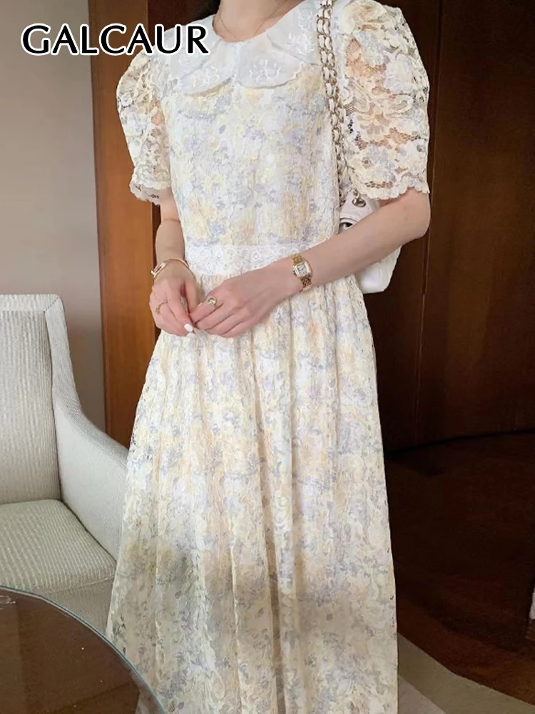 

GALCAUR Vintage Embroidery Dresses For Women Round Neck Short Sleeve High Waist Patchwork Lace Priting Dress Female Fashion New