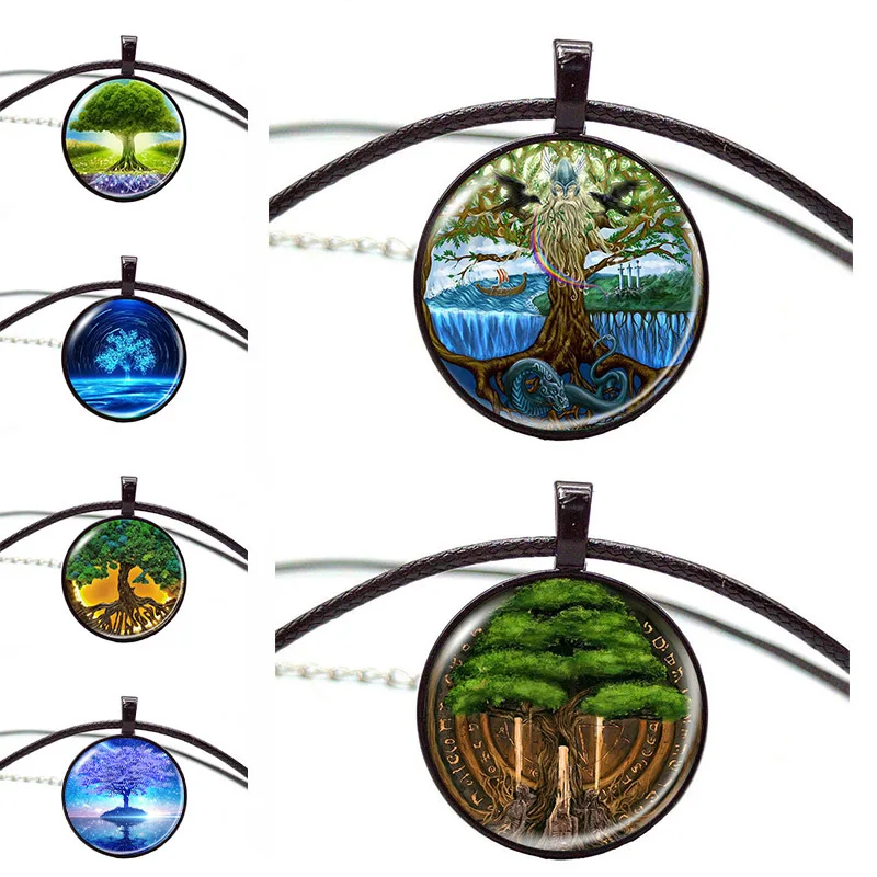 

New Colorful Tree of Life Time Crystal Pendant Necklace Exquisite Personality Black Wax Rope Vintage Necklace for Women Jewelry