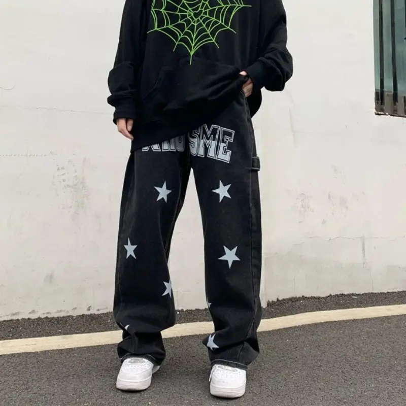 Men's Y2K Clothes Printed Strar Vintage Black Baggy Jeans Men Straight Trousers Denim Pants Streetwear For Women High Quality