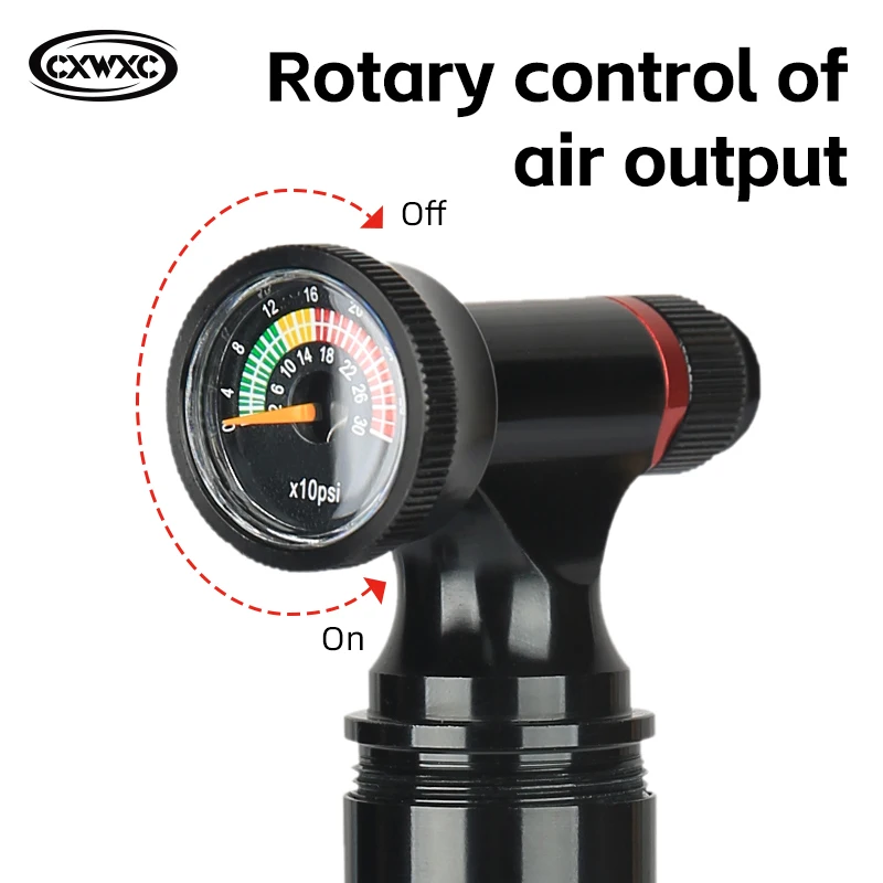 Фото CXWXC Мини Портативный CO2 Картридж накачиватель с прозрачным манометром MTB дорожный велосипед Schrader Presta CNC алюминиевый сплав C02 насос №4
