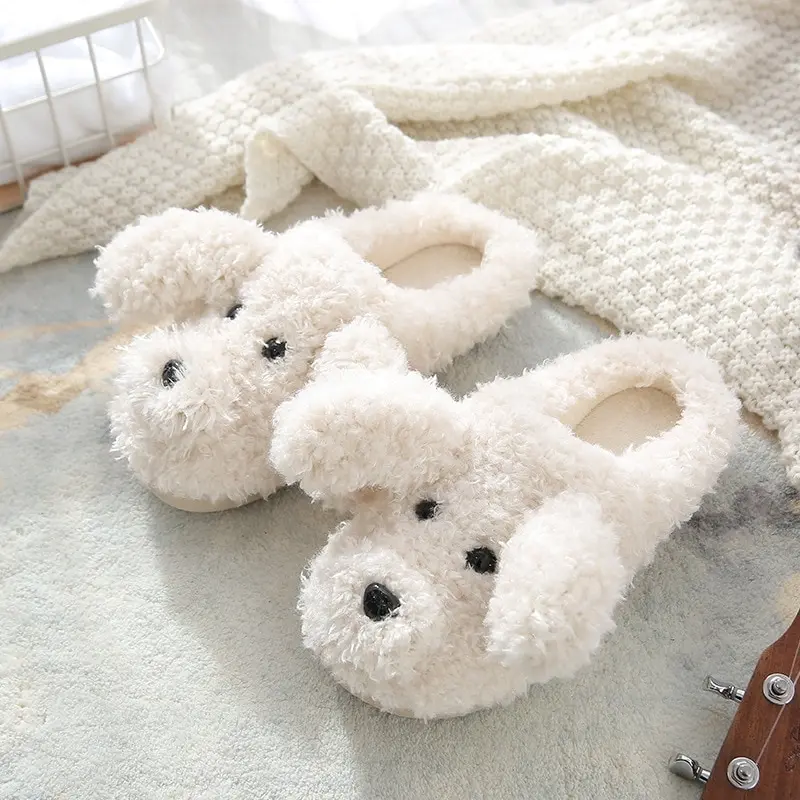 

Fur Dog Slippers New 2021 High Quality Cute Cartoon Animal Women Winter Warm Plush Home Fluffy Slides Cotton House Shoes