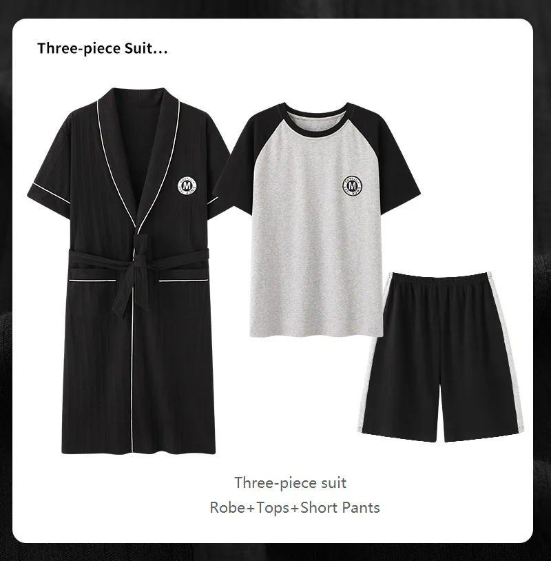 

Robes+Tops+Shorts 3Pieces Short Sleeve Robe Sets For Men L-4XL Sizes Kimono Men Home Clothes Cardigan Bath Robe Mens Bathrobes