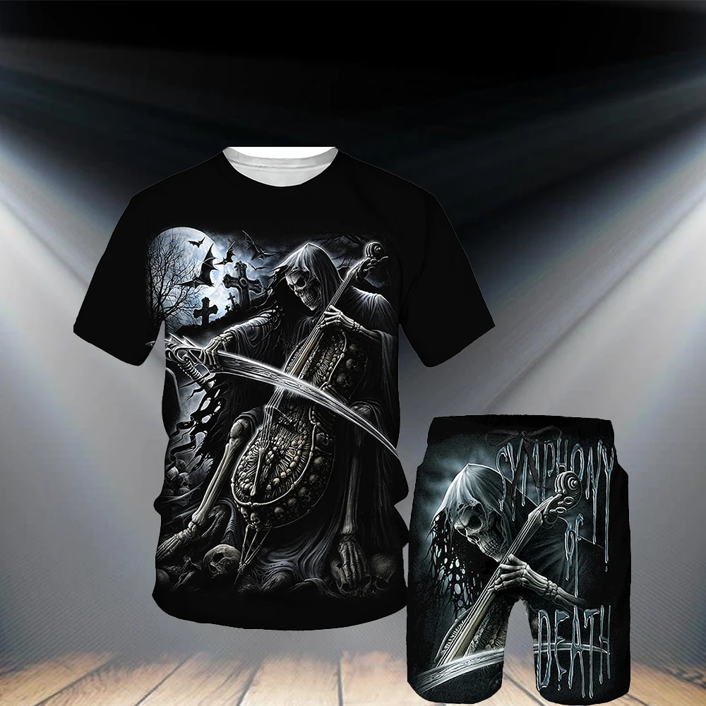 

Summer Men's T-shirt Fashion Skull Horror Print Short Sleeve Halloween Suit Personality Casual Clothing