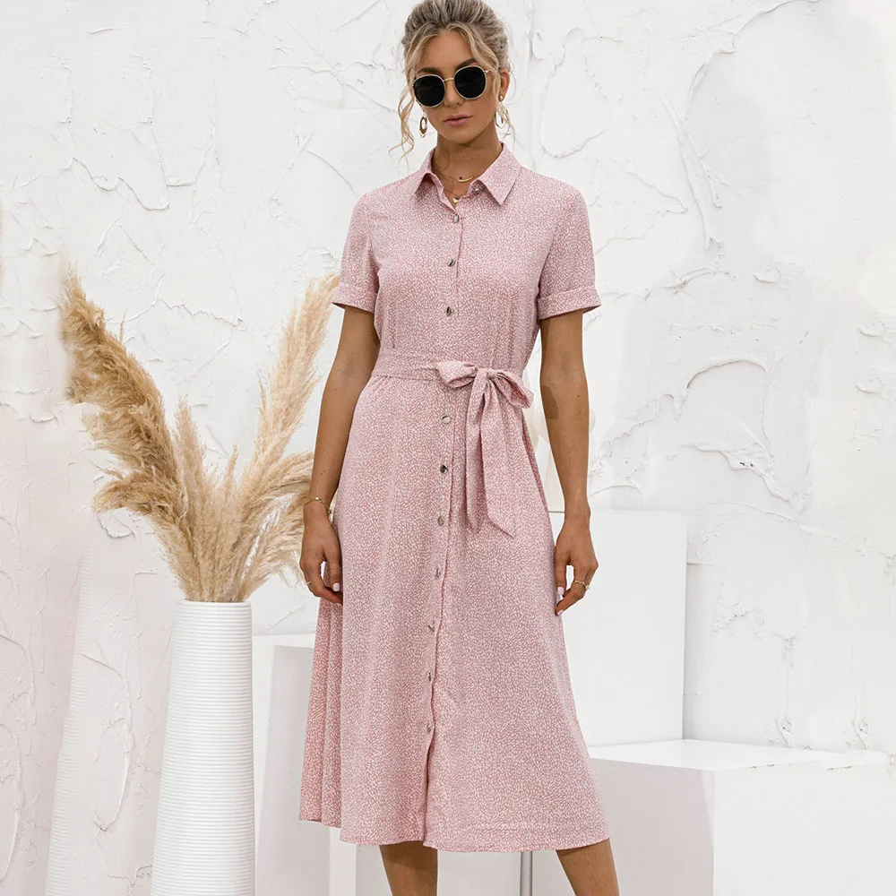 

Summer Casual Woman Print Single Breasted Belt Shirt Dress 2021 Fashion Elegant Ladies Short Sleeve Buttons Boho Beach Dresses