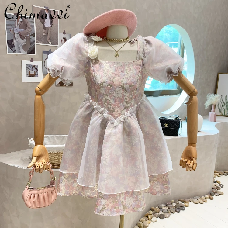 

2022 Summer New French Style Retro Square Collar Puff Short Sleeve Dress Women's Fashionabl Elegant Slim High Waist Mesh Dresses