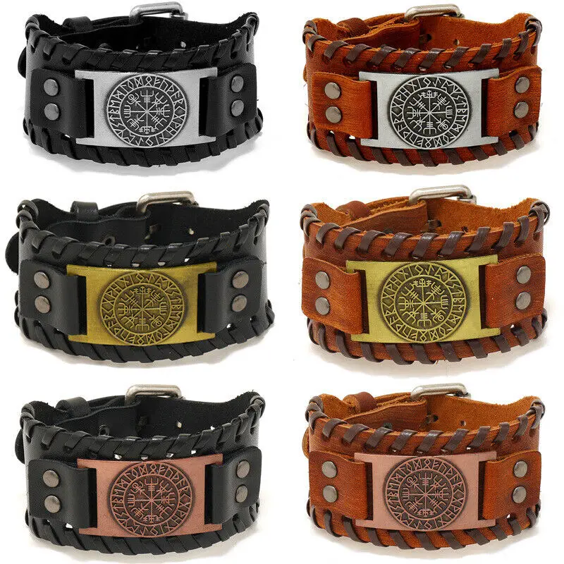 

Punk Rocker Biker Viking Men Bracelet Heavy Wide Leather Wrap Straps Wristband Multi-layer Bangles Man Trendy Aesthetic Jewelry