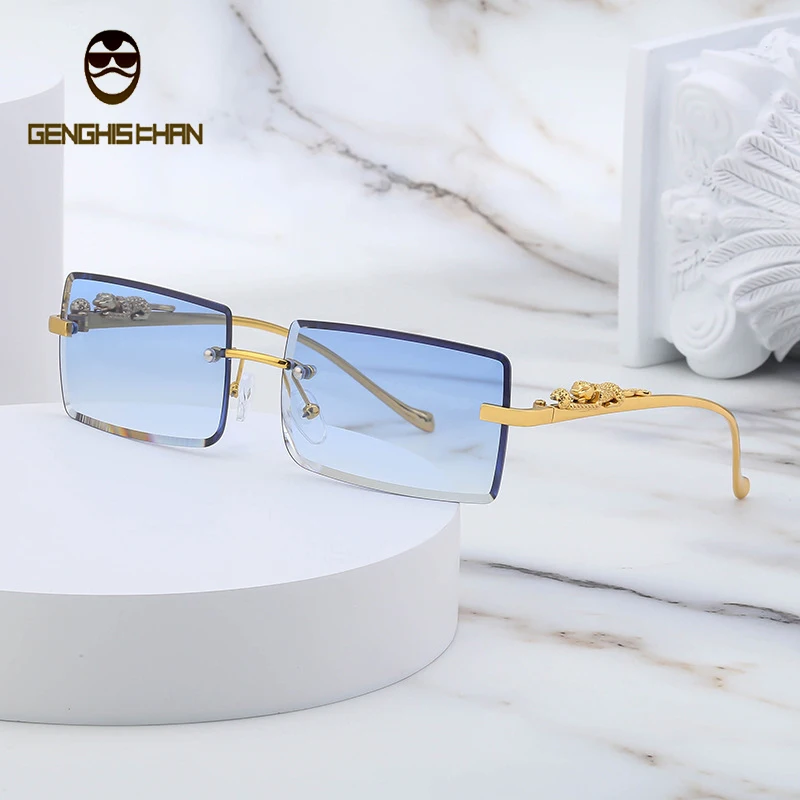 

Rectangle Rimless Sunglasses Women Metal Small Frame Ocean Lens Glasses Fashion Shades Ladies Trendy Luxury Sunglasses