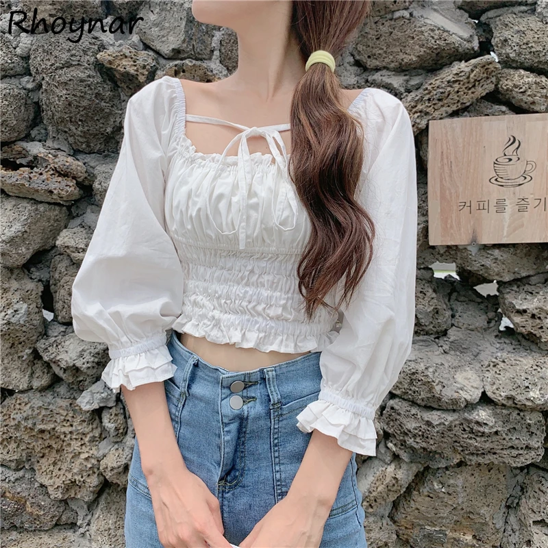 

Blouses Women College Style Solid Blusas Aesthetic Square Collar Spring Fall Youth Hot Tender Lovely Crops Basic Streetwear Tops