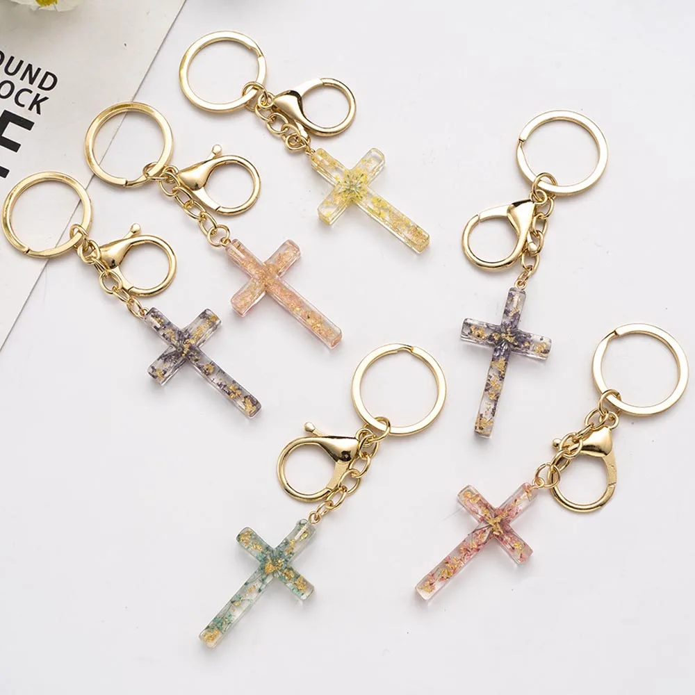 

1Pc Handmade Resin Cross Keychain with Colorful Dried Flower Pendant for Women Creative DIY Car Bag Ornaments