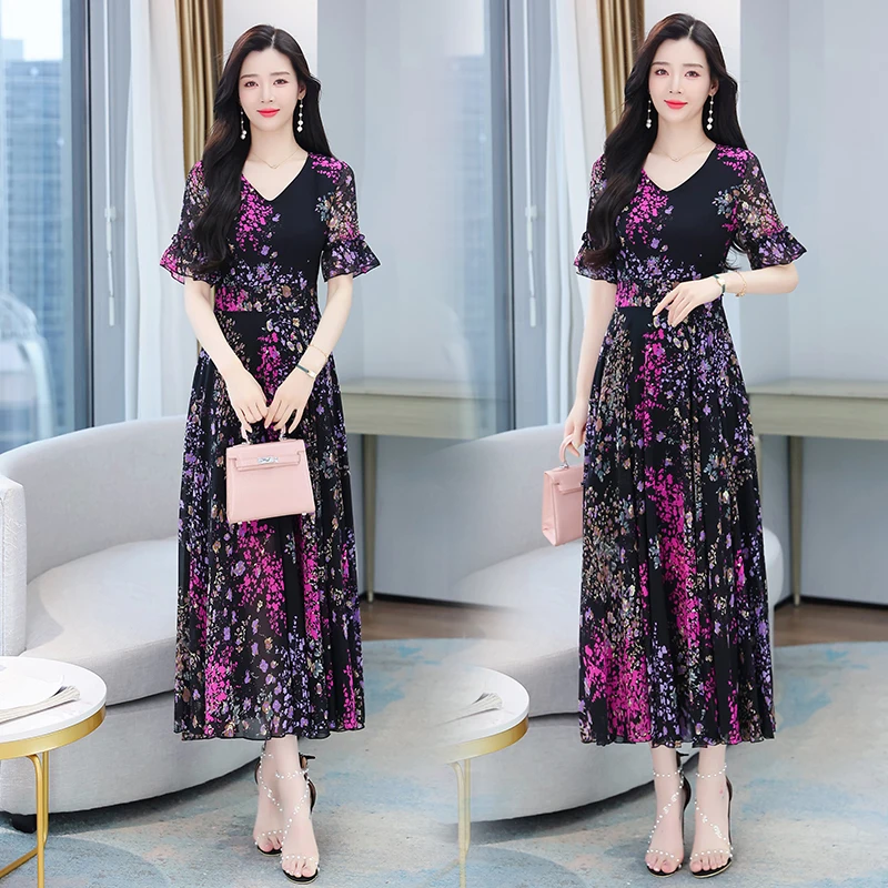 Женское шифоновое платье с коротким рукавом длинное в стиле бохо V-образным