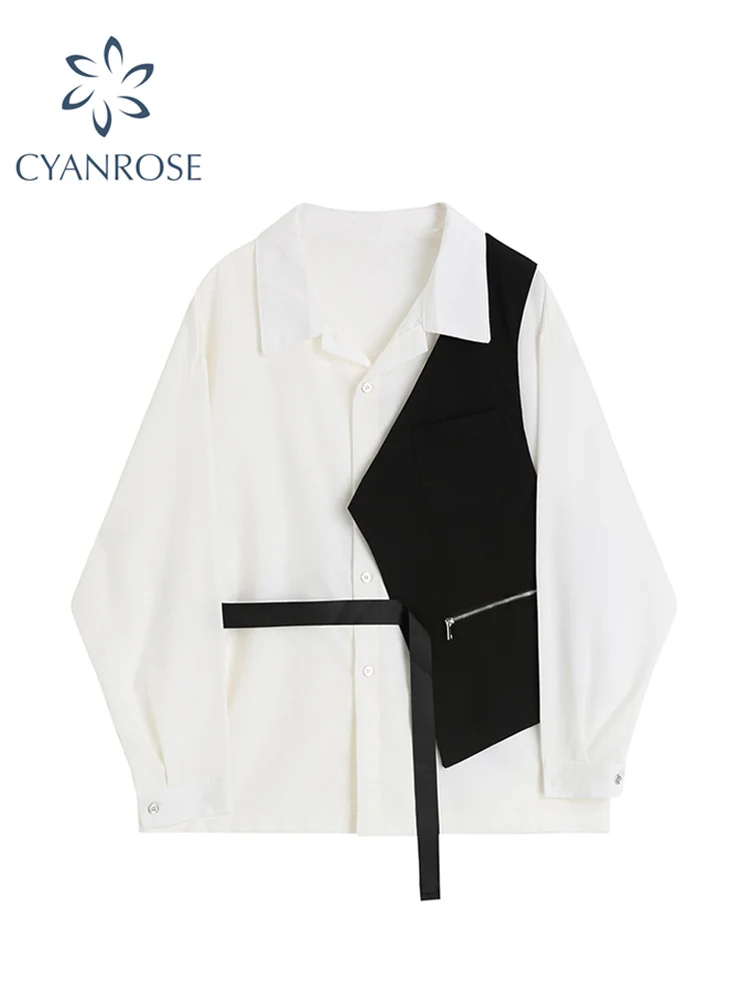 

Korean Style 2 Piece Set Lapel Loog Sleeve Simple Base T Shirt + Irregular Vest Belt Women's Autumn 2022 Casual Chic Streetwear