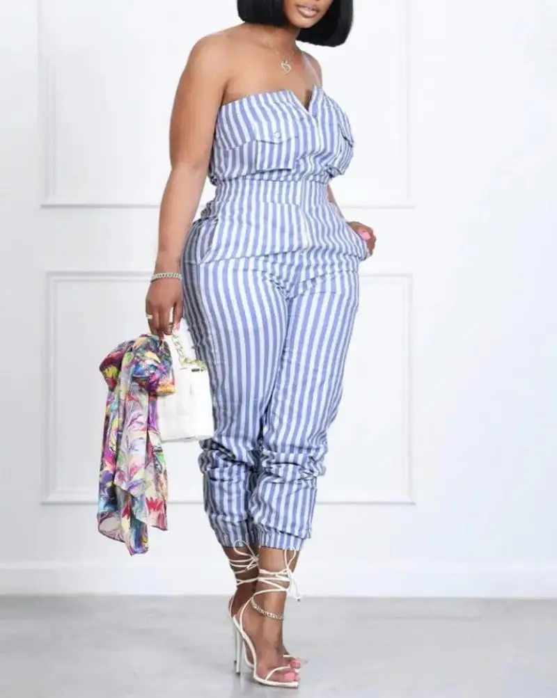 

Woman Summer Jumpsuit Striped Print Zip Front Bandeau Jumpsuit Sexy Sleeveless Playsuit Fashion Bodysuit Famale Daily Party Wear