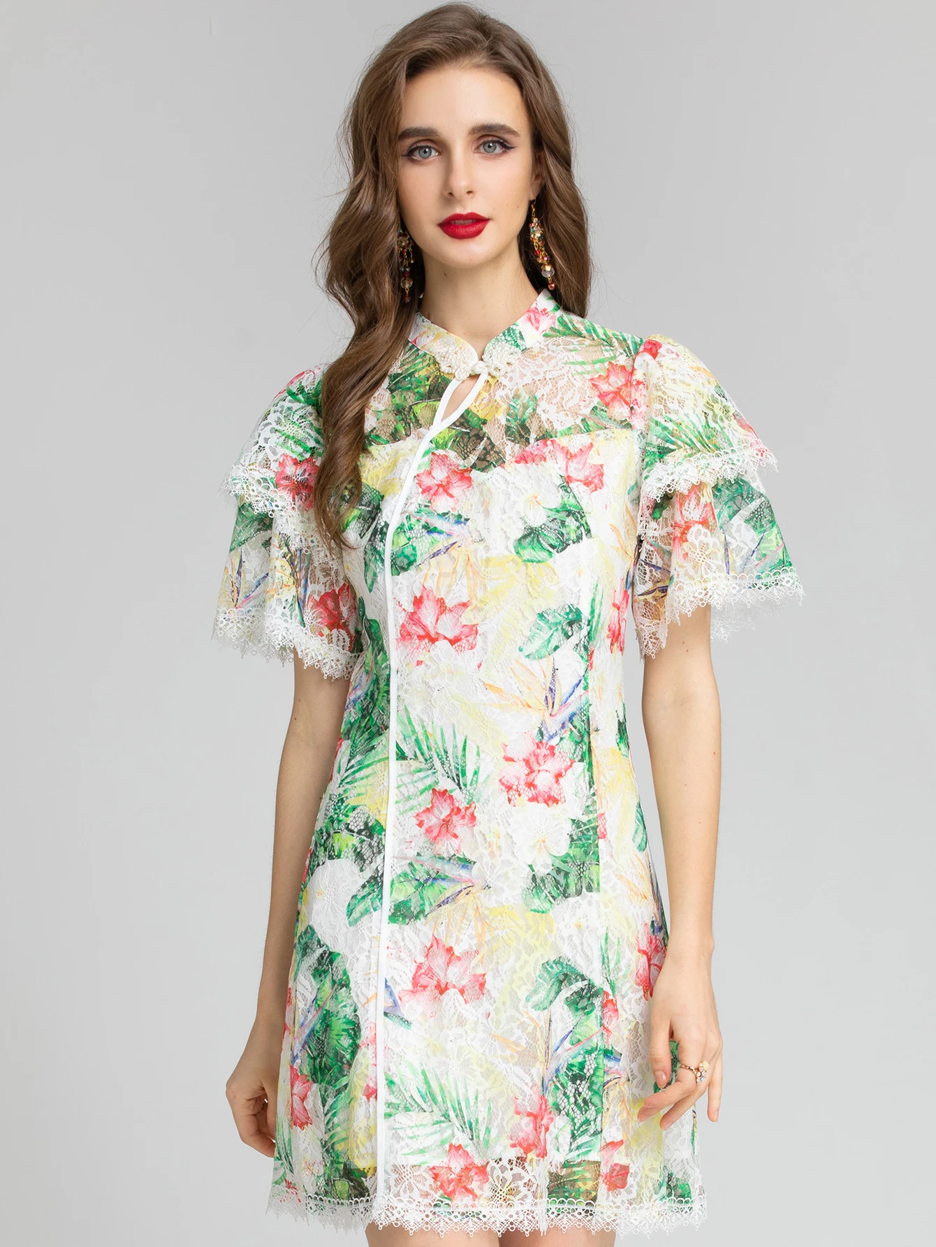 

MoaaYina Fashion Designer Summer Short Lace Dress Women's Stand collar Beading Hollow out Floral print Slim Vintage Party Dress