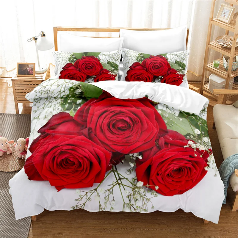 

Red Rose Duvet Cover Lovers Bedding Set Kid‘s Flowers Bedding Quilt Cover King Size Comforter Set Girl Bedroom Queen Bedding Set