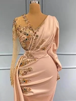 plus size arabic v neck satin long sleeves mermaid evening dresses sheer tulle beaded rhinestones ruched sweep train prom gowns