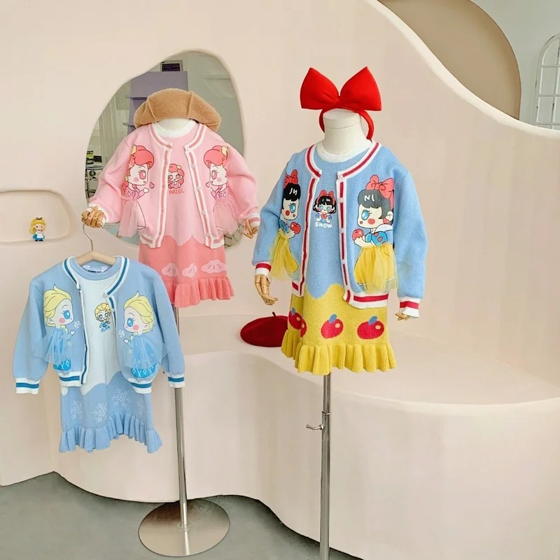 

Winter Dress for Girls Frozen 2 Elsa Princess Dress Cortton Pink Mermaid Knit Dress+Coat Set Toddler Girl Fall Clothes Boutique