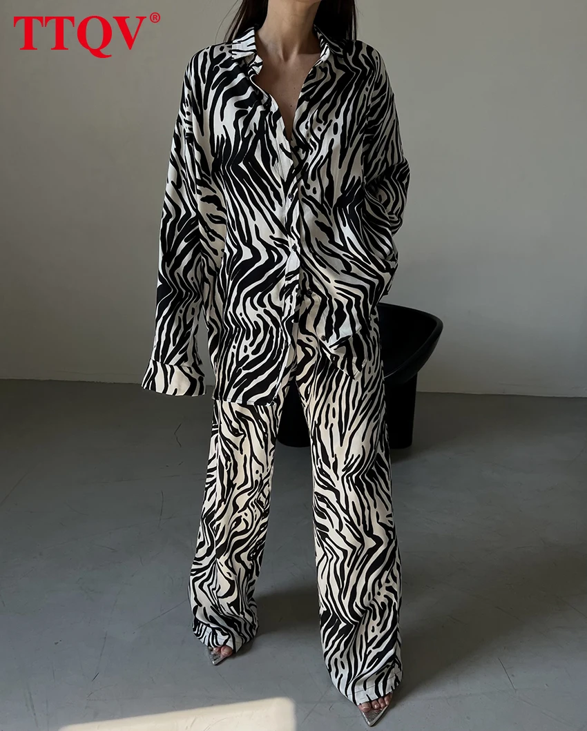 

TTQV Elegant White Print Women Two Piece Outfits 2022 Fashion Long Sleeve Shirts And High Waist Full Length Trousers Female Sets
