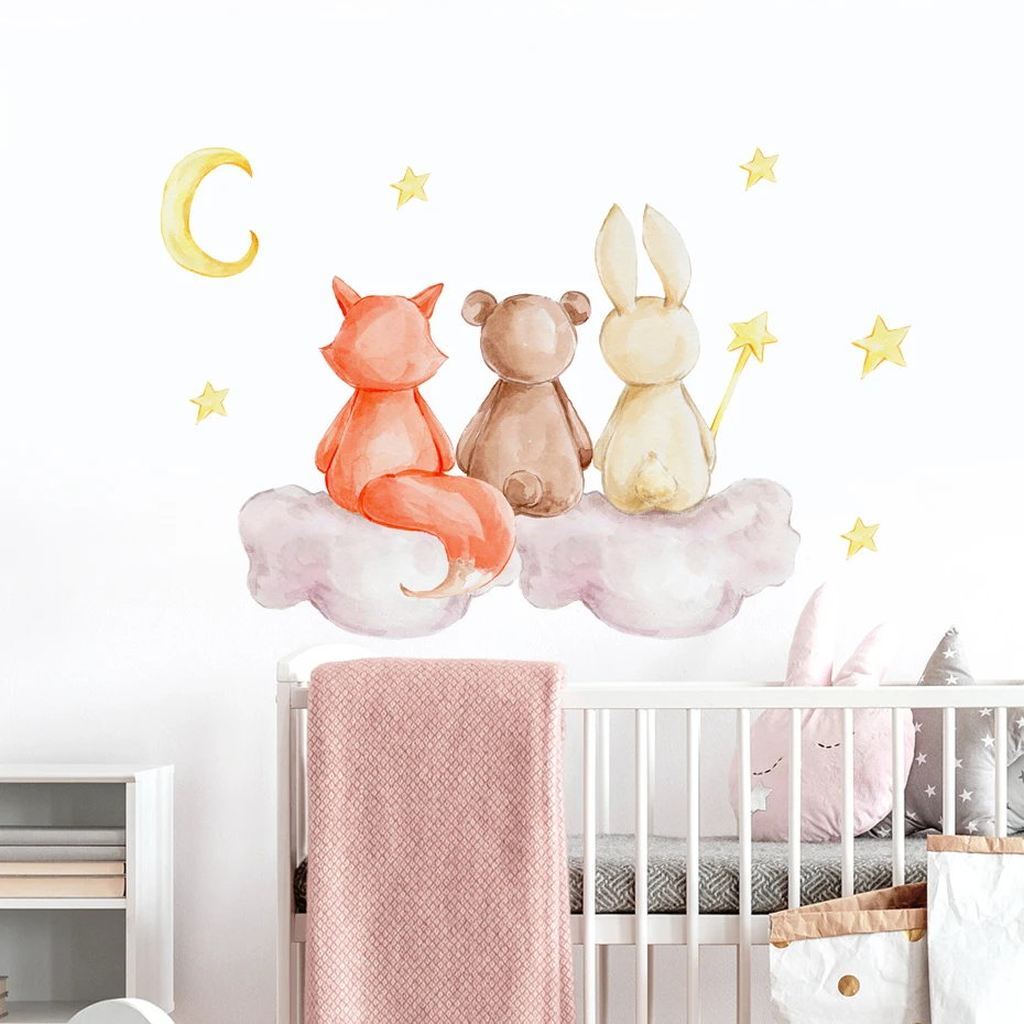 

Cartoon Watercolor Animal Fox Rabbit Sitting on a Cloud Wall Sticker for Kids Baby Room Play Room Nursery Wall Decals Home Decor