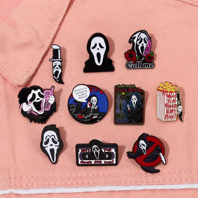 

Call Me Enamel Pins What's Your Favorite Scary Movie Custom Brooches Lapel Badges Gothic Punk Skeleton Jewelry Gift for Friends