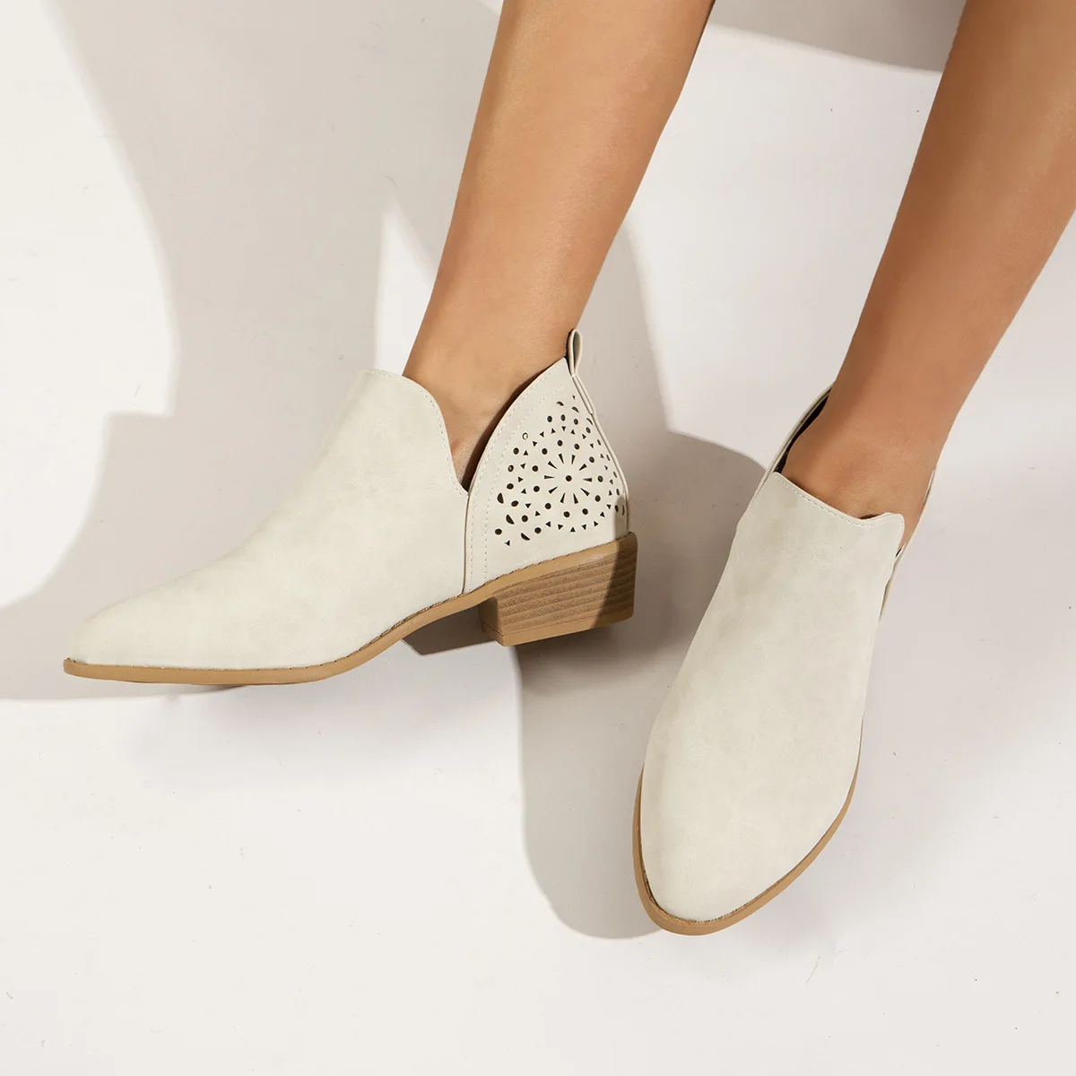 

Womens Ankle Boots Slip on Cutout Pointed Toe Chunky Stacked Mid Heel Bootie