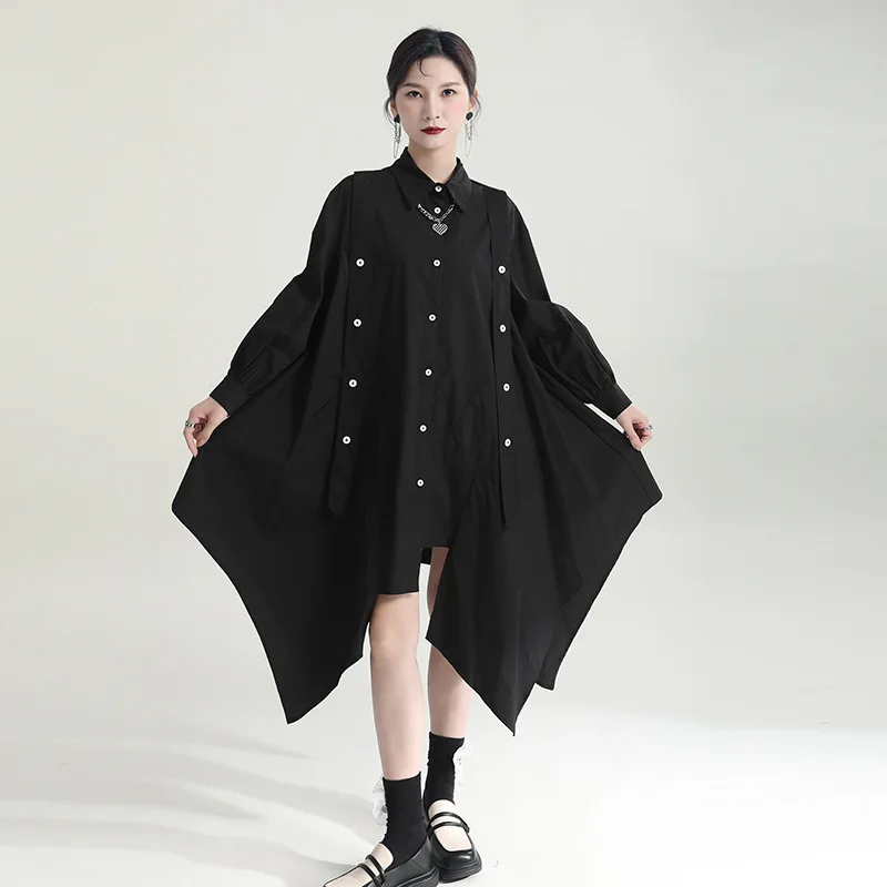 

SuperAen 2022 Spring Autumn Women's Simple Designer Button Up Shirt Dress Lapel Long Irregular Shirt Dress