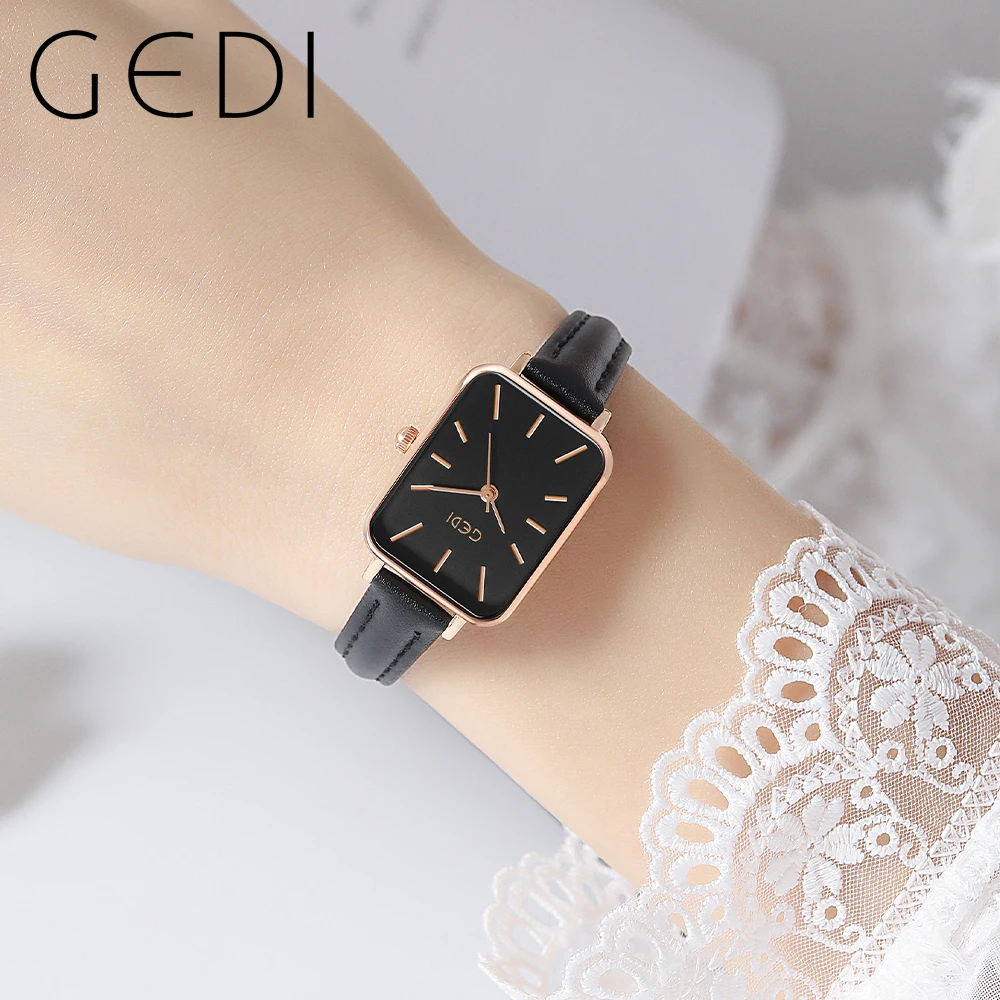 GEDI Minimalist Ladies Fashion Quartz Wrist Watches Luxury Brand Waterproof Rectangle Women Watches Leather Strap Montre Femme