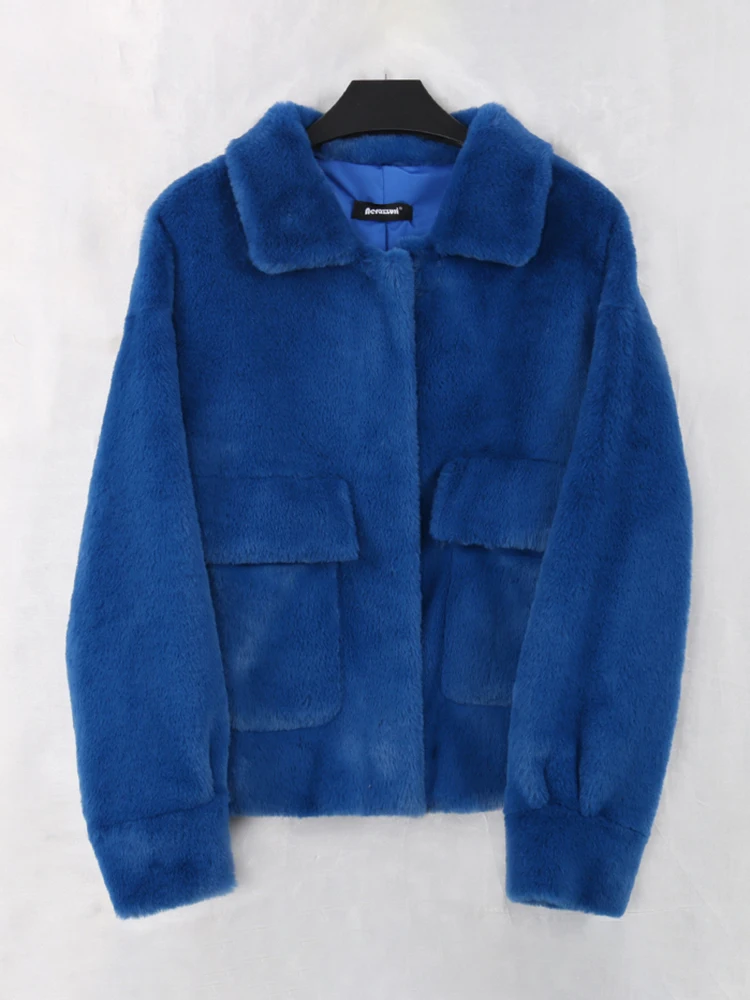 Nerazzurri Spring Purple Blue Short Light Soft Faux Fur Coat Women Long Sleeve Pockets Fall Korean Fashion 2022 Fluffy Jacket