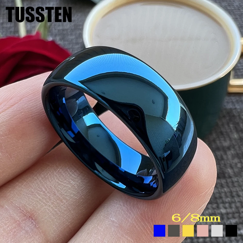 Dropshipping TUSSTEN Black Blue Tungsten Carbide Ring Men Women Wedding Band Domed Polished Finish 6MM/8MM Available
