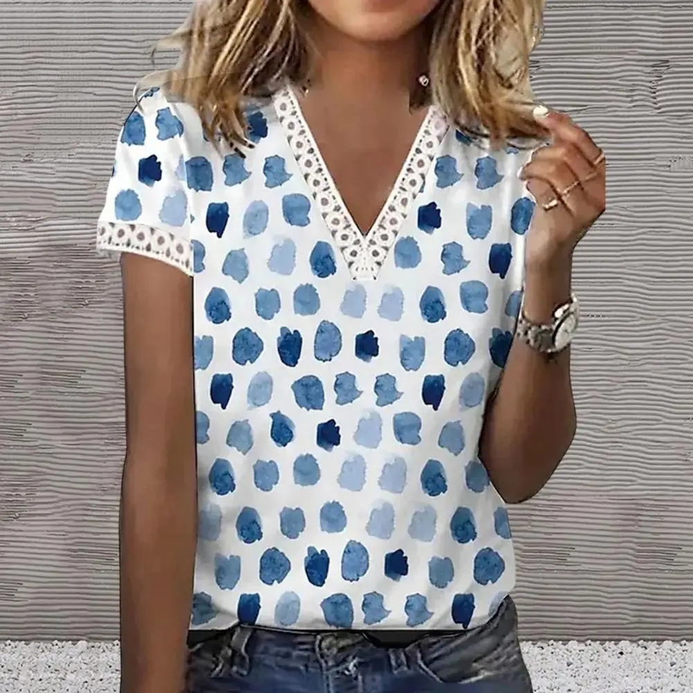 

Women Tee Shirt Printing Lace Stitching V-neck Loose Pullover Summer Short Sleeve T-shirt Blouses Top Female Clothes топ женский