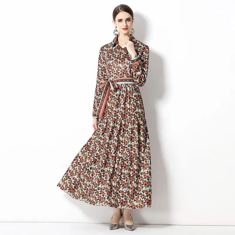 

High Quality Spring Autumn Women Fashion Runway Long Dress With Belt Lantern Sleeve Letter Print Big Swing A-Line Vestidos N2050