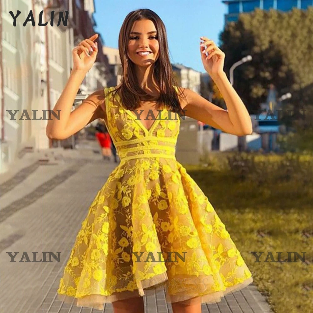 YALIN Chic Yellow A Line Prom Dresses Flowers Applique Homecoming Party Gowns Mini Length V Neck Short Dress Vestidos De Fiesta images - 6