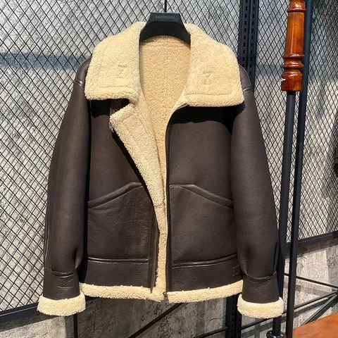 Мужская куртка-бомбер из овечьей шкуры, теплая мотоциклетная куртка-бомбер B3, верхняя одежда для зимы, 68%