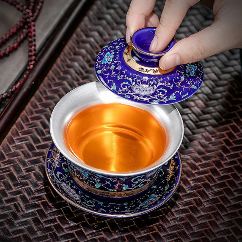 Jingdezhen  Silver Tea Cup Enamel Ceramic Cover Bowl Household Kung Fu Tea Set Mug With Saucer