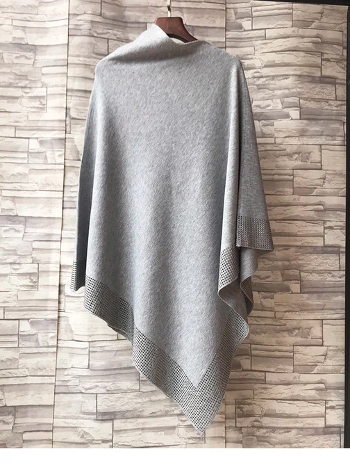 New Autumn Fashion Winter Diamonds Knit Shawl Cloak Loose Plus Size Solid Woman Poncho Cape Pullover Sweater Gray