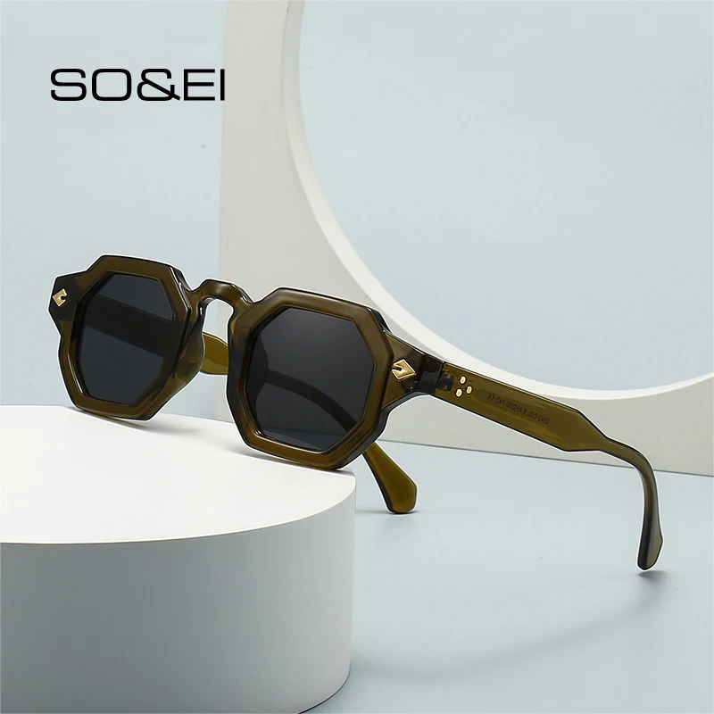 

SO&EI Retro Polygon Square Women Rivets Sunglasses Gradient Shades UV400 Men Brand Designer Punk Sun Glasses