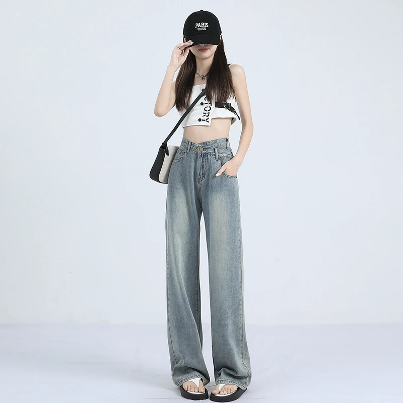 High waist wide leg jeans for female spring and summer 2023 Baby blue commuter trousers for teenagers