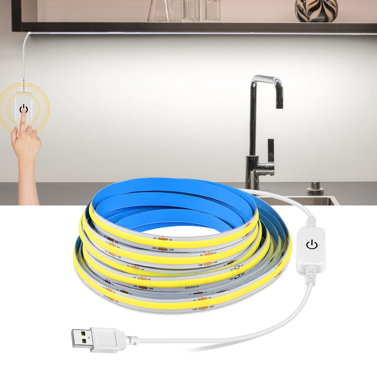 

Flexible COB LED Tape Touch Dimmable 5V USB LED Under Cabinet Sensor Light Strip 320LEDs/M For Kitchen Wardrobe BackLight Lamp
