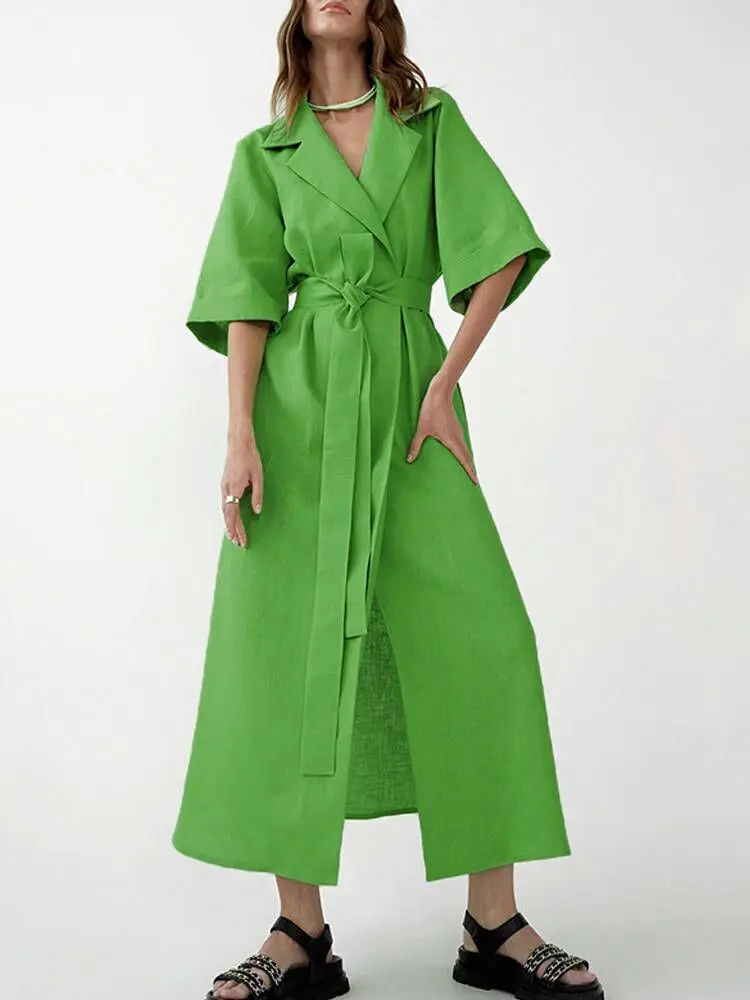 Elegant Lace Up Waist Office Commuter Dress Fashion Temperament High Street Dresses Casual Ladies Lapel Short Sleeve Long |