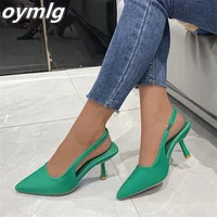 2022 spring new pointed toe stiletto medium-heel shoes back empty toe sandals high-heeled shoes green women's shoes heels women