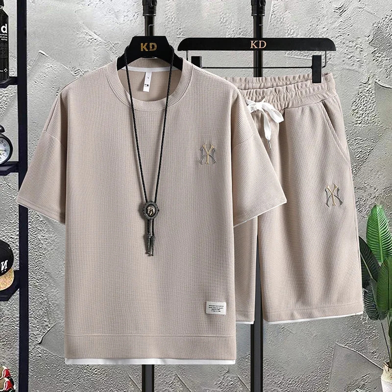 Men's Tracksuit NY Embroidered 2-piece Sets with Sleeved T-shirt and Shorts Waffle Fake-2-piece Summer Sets for Men
