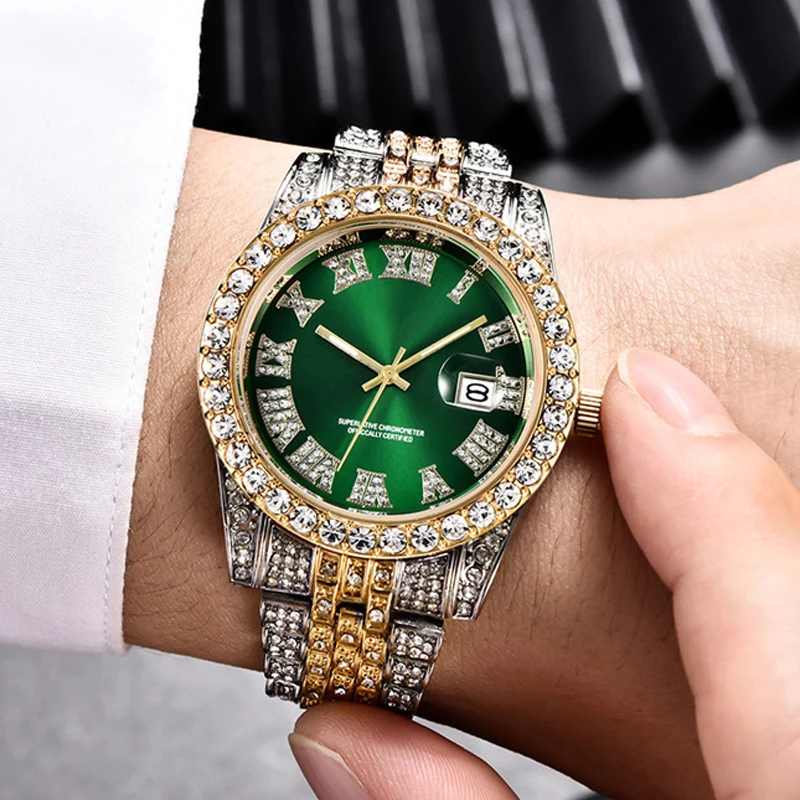 

Hip Hop AAA Diamond Watch for Men Luxury Brand Mens Gold Watch Analog Quartz Movt Unique Men Iced Out Watch Relogio Masculino