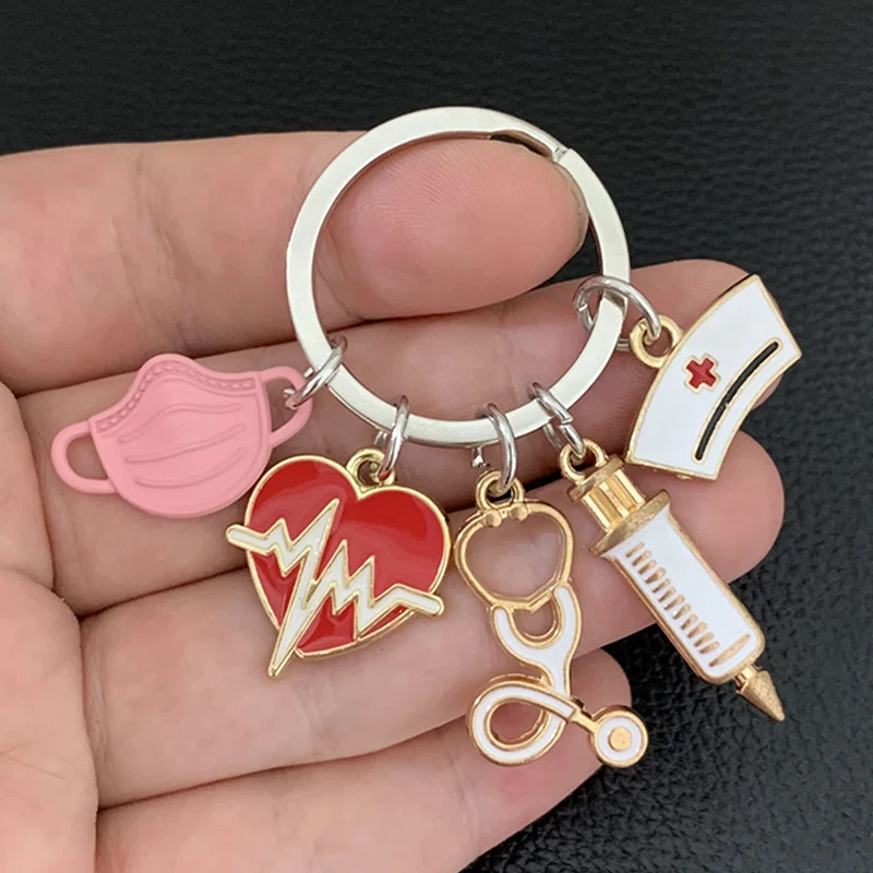 

Doctor Keychain Medical Tool Key Chain Heartbeat Stethoscope Syringe Nurse Cap Key Ring Nurse Gift Creative DIY Handmade Jewelry