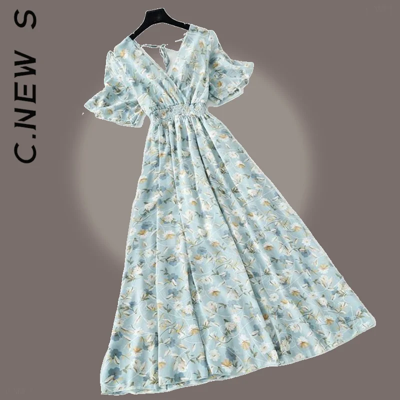 

C.New S Dress Fashion Ruffled Short-sleeved Dress Popular Streetwear Elegant Korean Robe Girl Female Vestidos Dress Woman