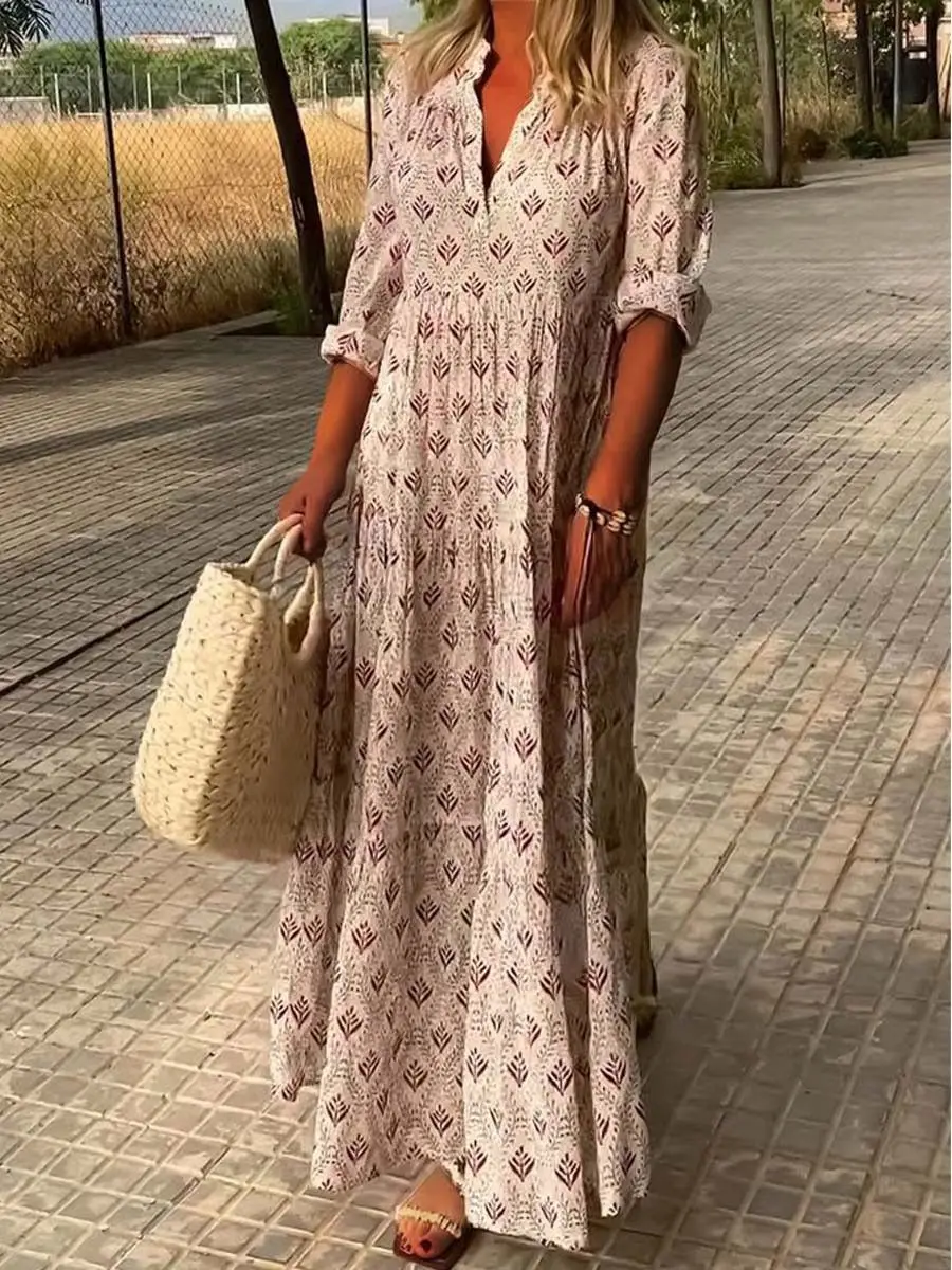 

2023 Autumn Bohemian Women's Long Dress Elegant V-neck Loose Dresses Female Trendy Beach Fashion Casual Beach Clothes Ladies