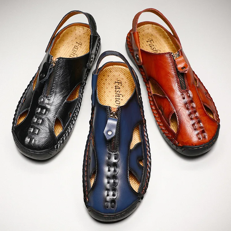 

Summer Men's Sandals Outdoor Genuine Leather Zip Men Leather Sandals Soft Men's Beach Shoes Handmade Classic Formal Men's Sandal