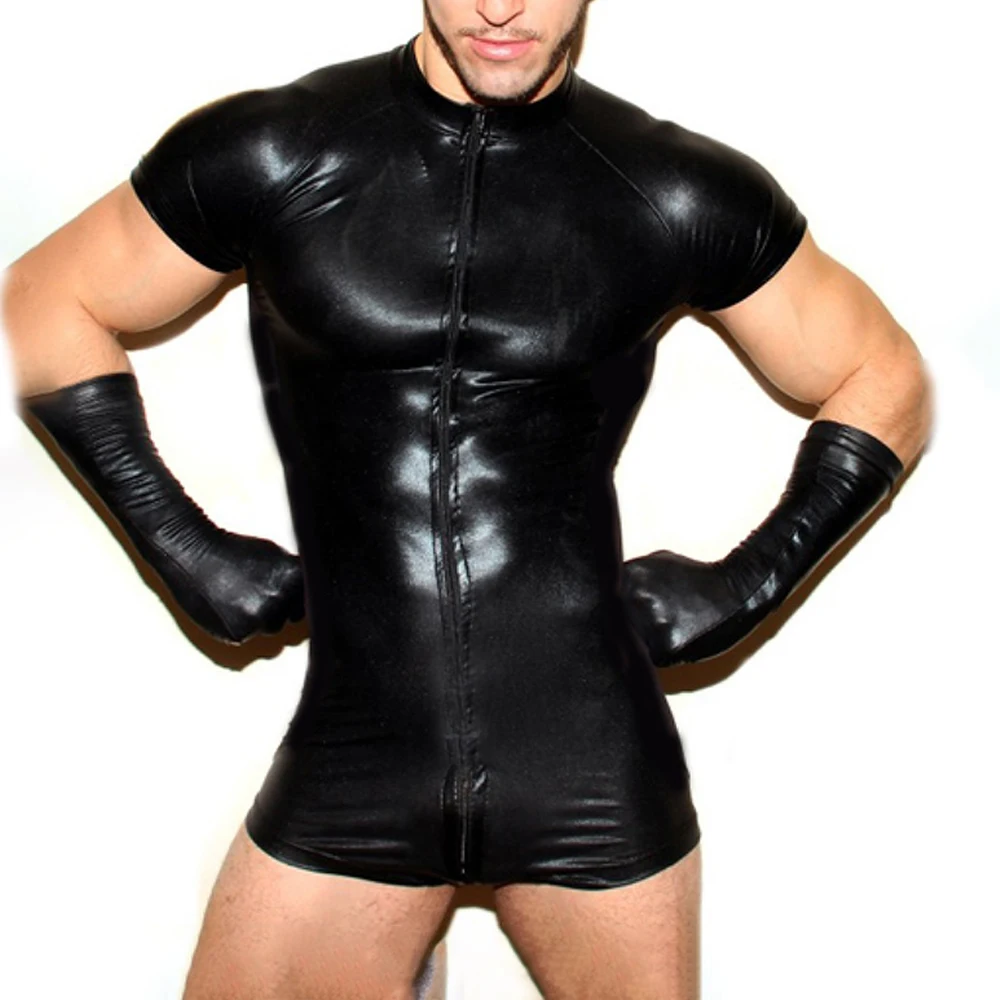 

Men Exotic Apparel Wet Look Sexy Lingerie Gay Fetish Bodysuits Tight Costume Zipper Open Bust Jumpsuit Bodysuit Clubwear