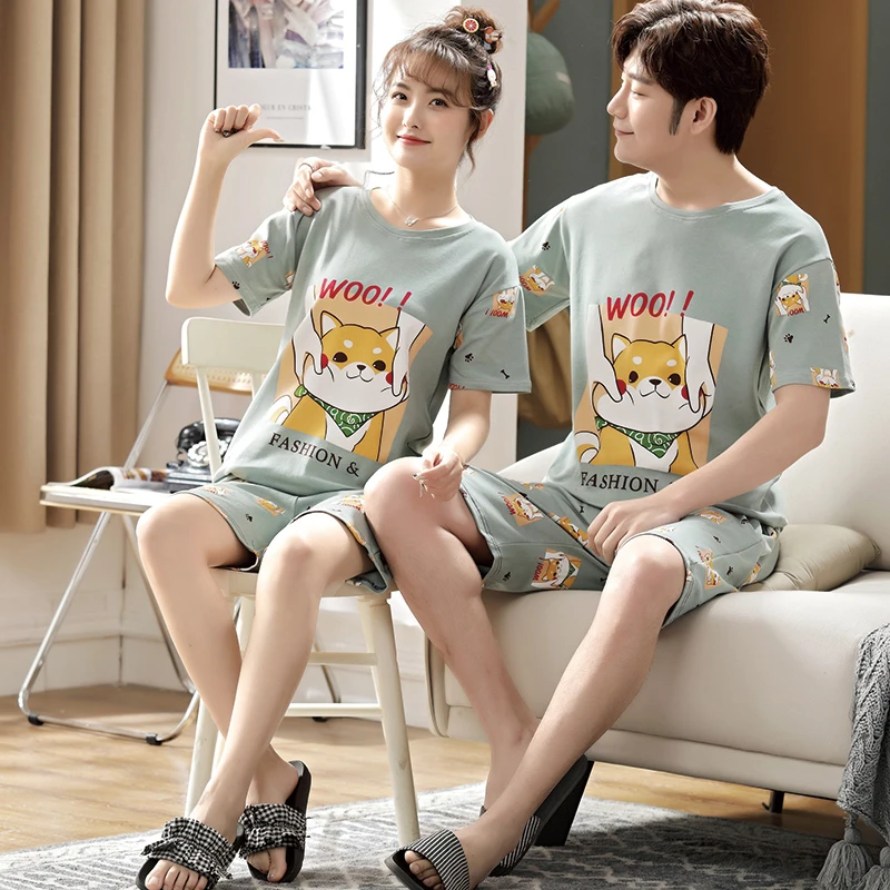 Couple Pajamas Sets Cartoon Shiba Inu Women Pijama Cotton Korean Men Sleepwear Short Sleeve Lovers Night-Clothes 2PCS Nightwear