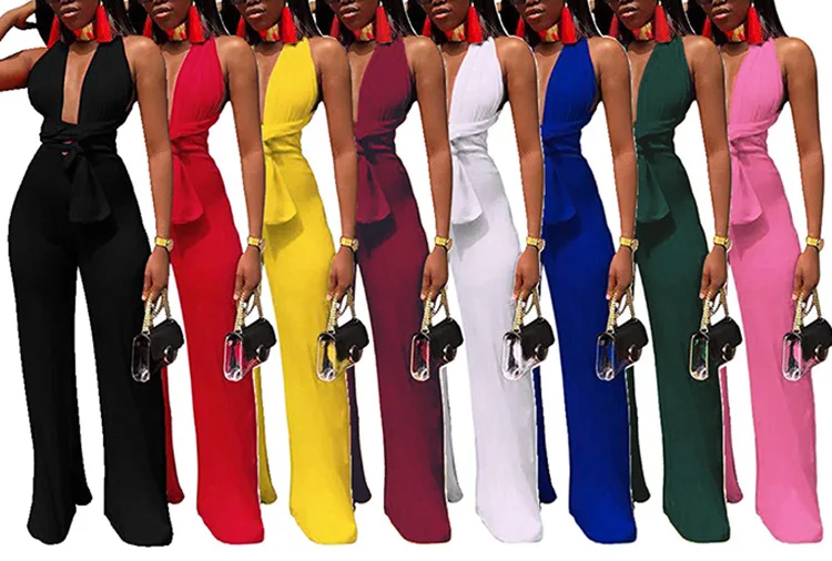 

Multi-way Sexy Halter Deep V Neck Jumpsuits 2022 New Night Club Wear Sleeveless Women Lace Up Bandage Wide Leg Playsuit Overalls