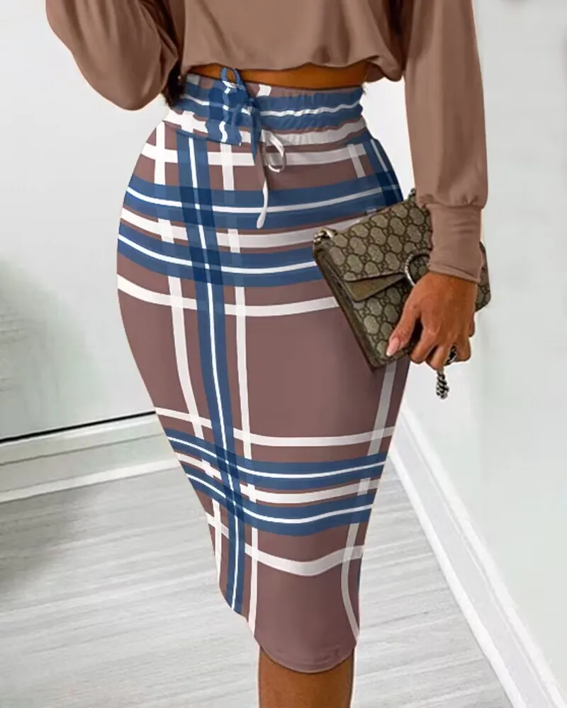 2024 Женский укороченный топ с длинными рукавами и клетчатая юбка на шнурке