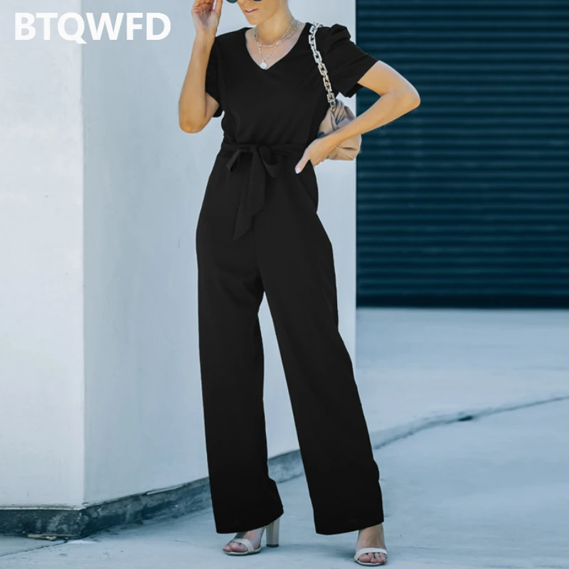 Jumpsuit Women 2022 New Clothing Female Fashion Outfits Black White Long Pants Romper Summer Short Sleeve Playsuit Solid Color